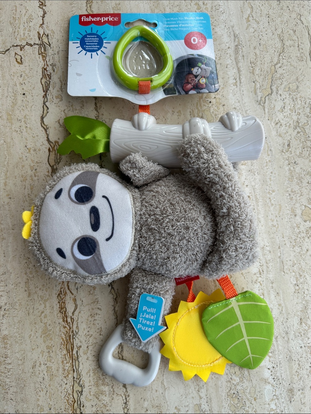 NEW 🆕 Fisher-Price Gray Sloth Plush Pull Stroller Toy with Leaf Teethers